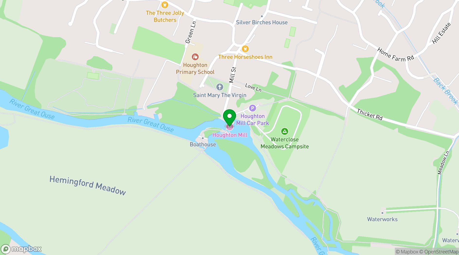 Map showing Houghton Mill and Waterclose Meadows
