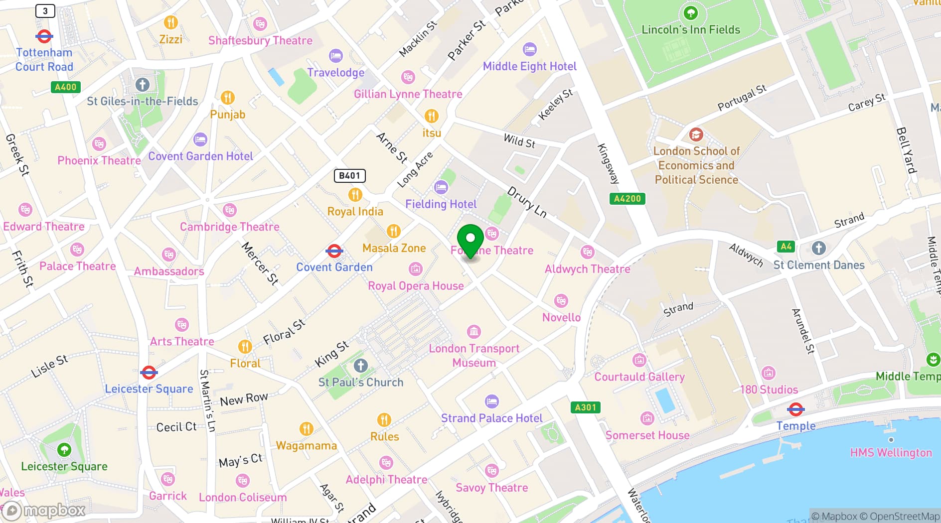 Map showing Bow Street Tavern