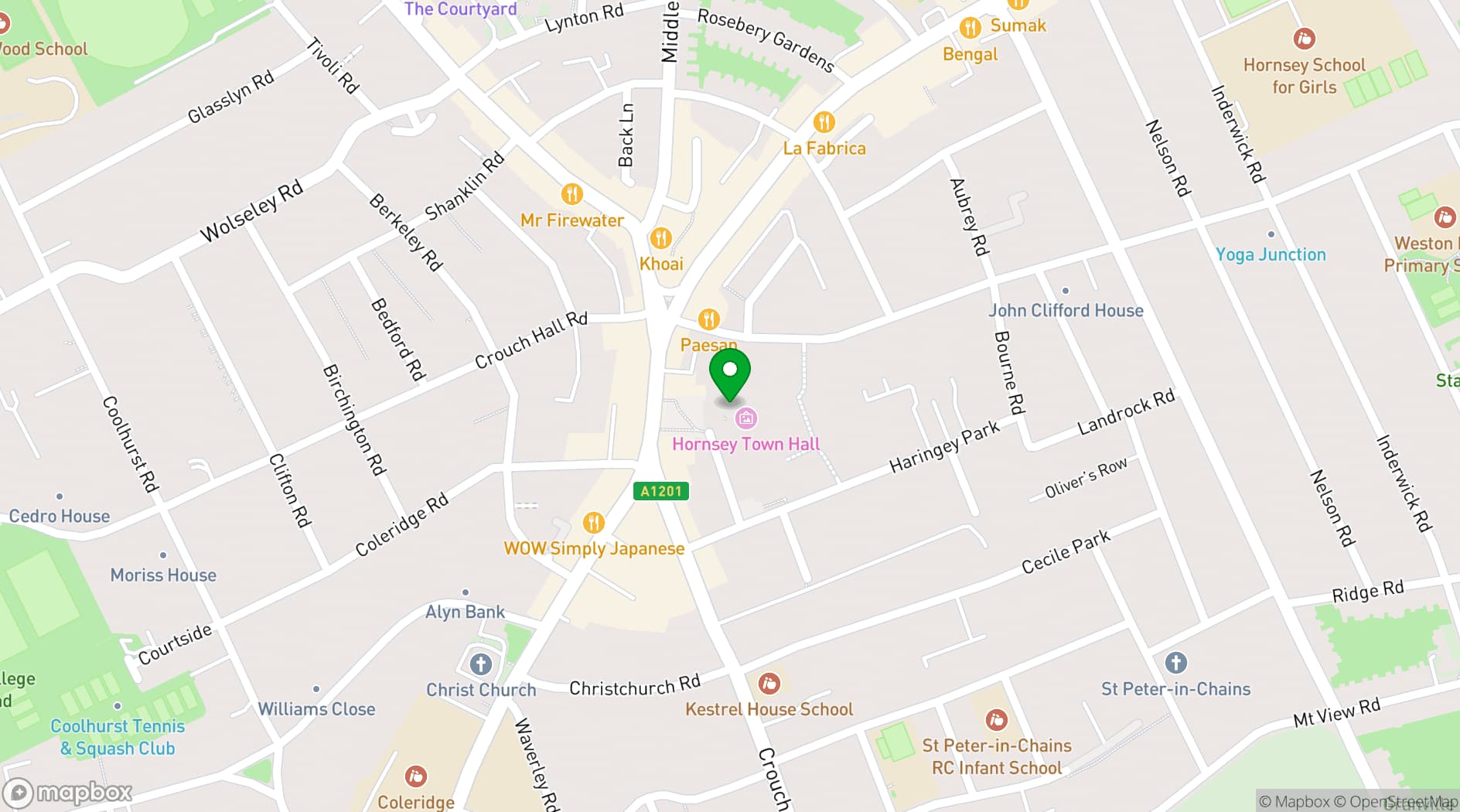 Map showing Hornsey Town Hall