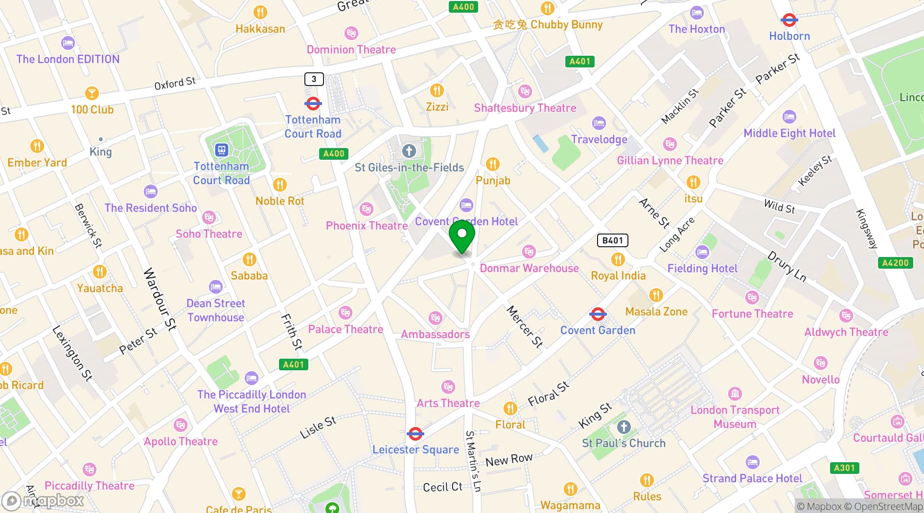 Map showing Radisson Blu Hotel, London Mercer Street
