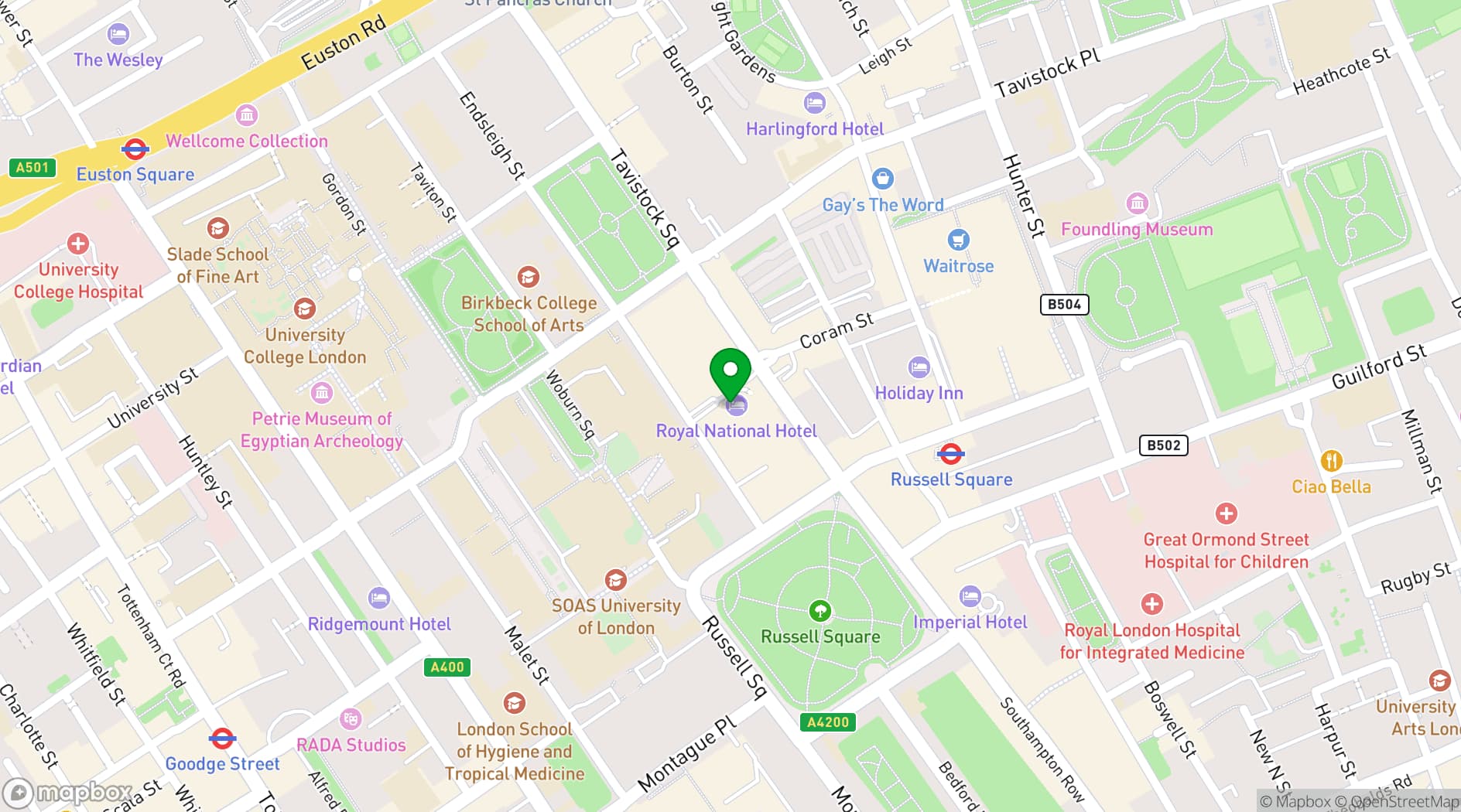 Map showing Royal National Hotel