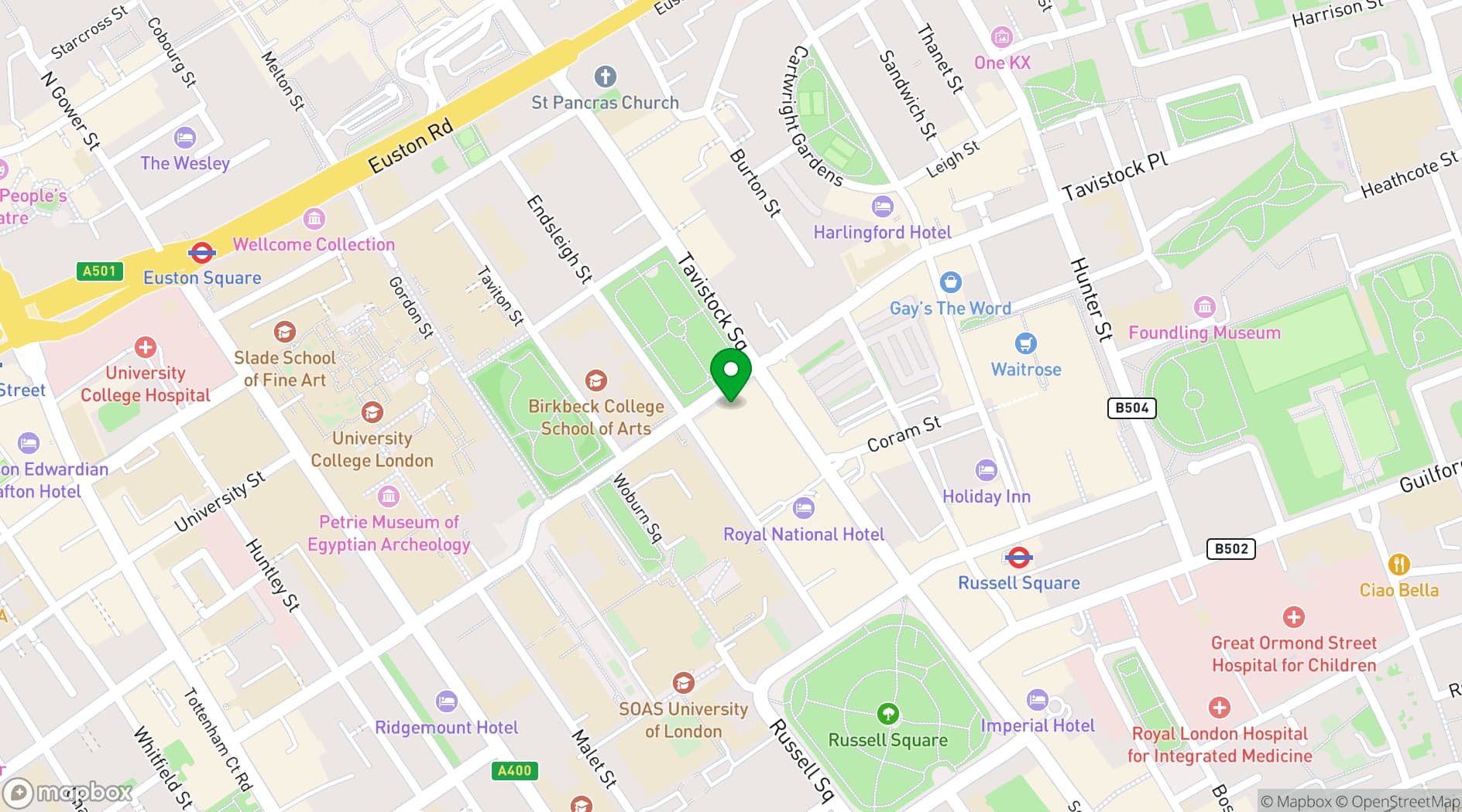 Map showing Bloomsbury Bowling Lanes & The Kingpin Suite