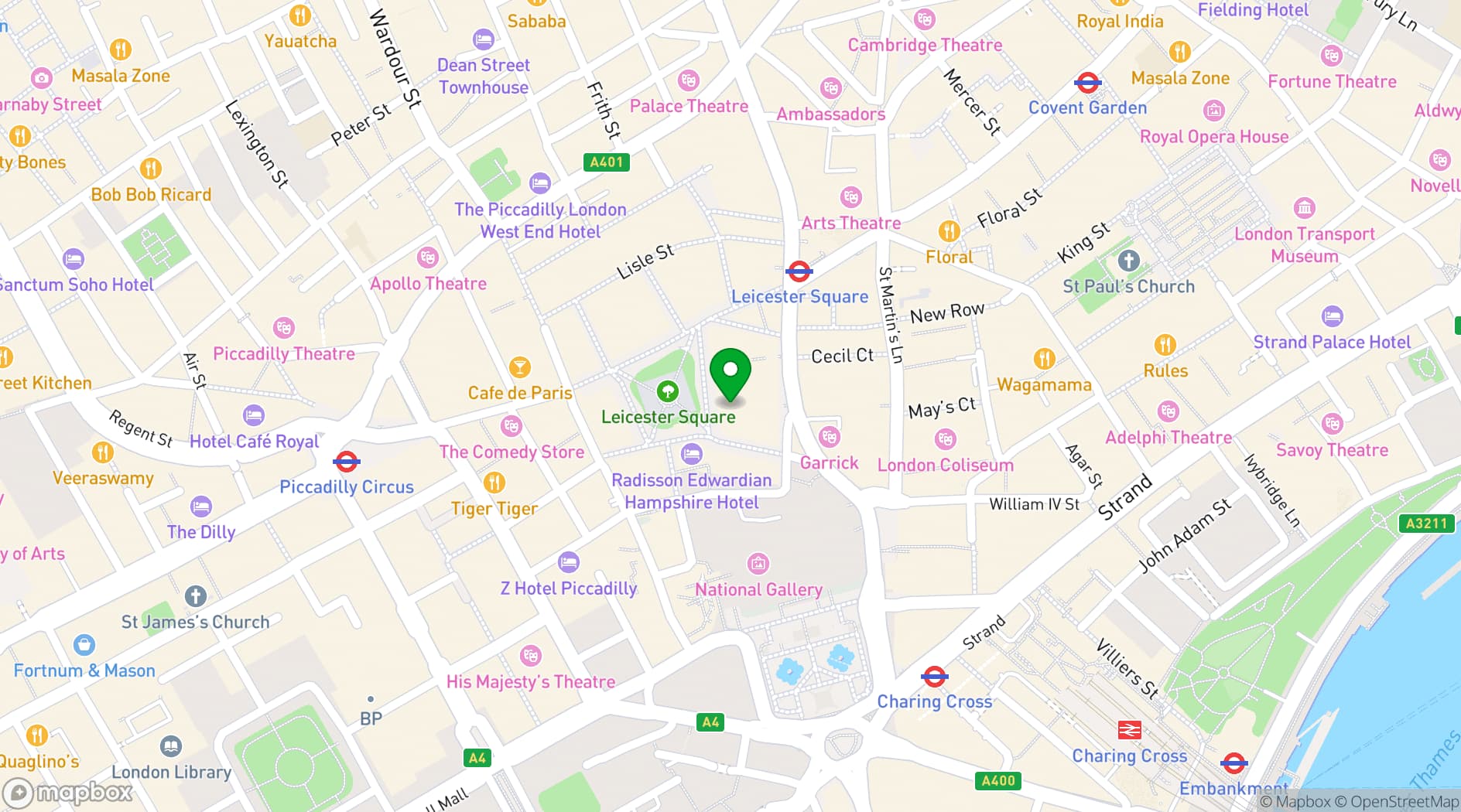 Map showing Simmons|Leicester Square