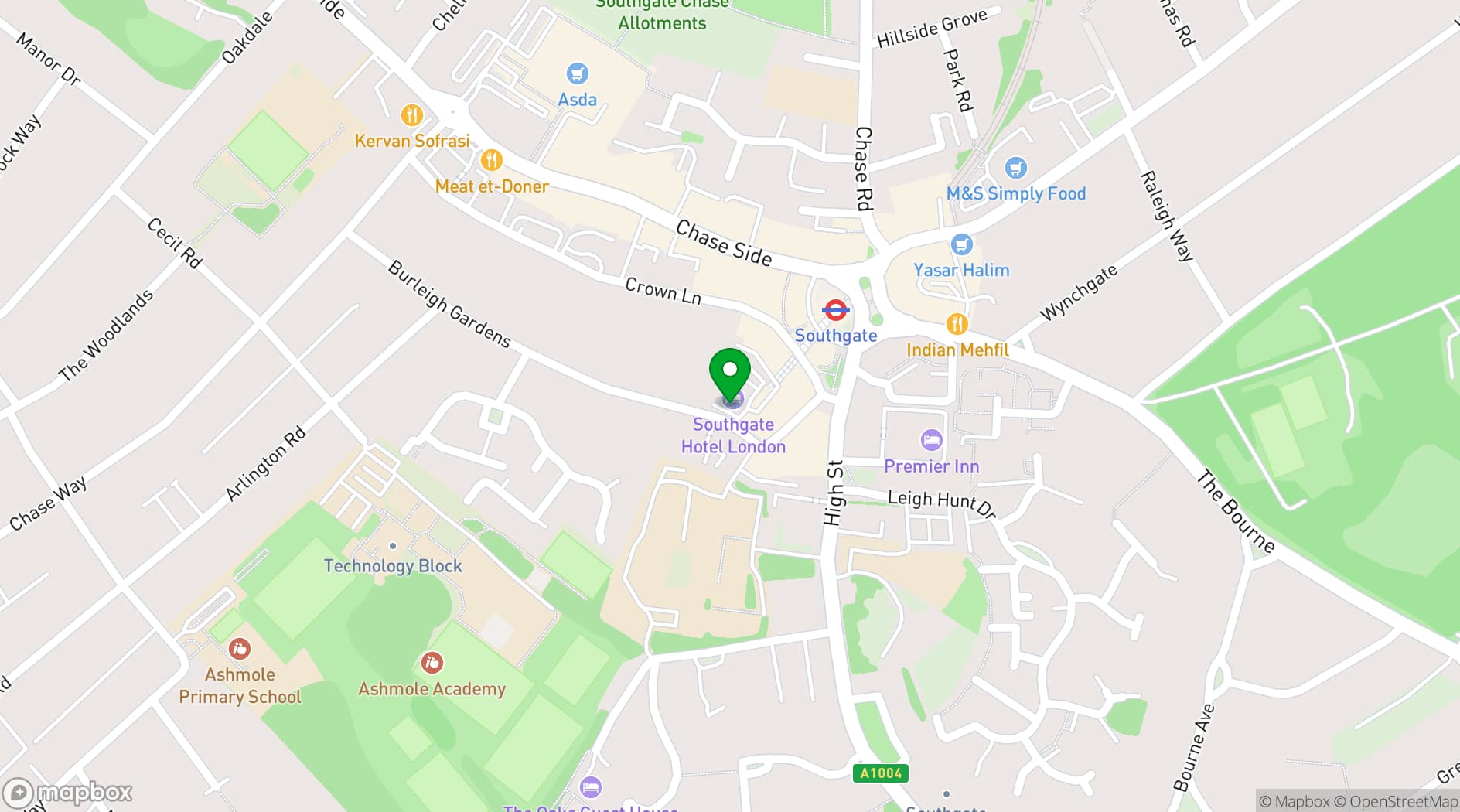 Map showing Southgate Hotel London