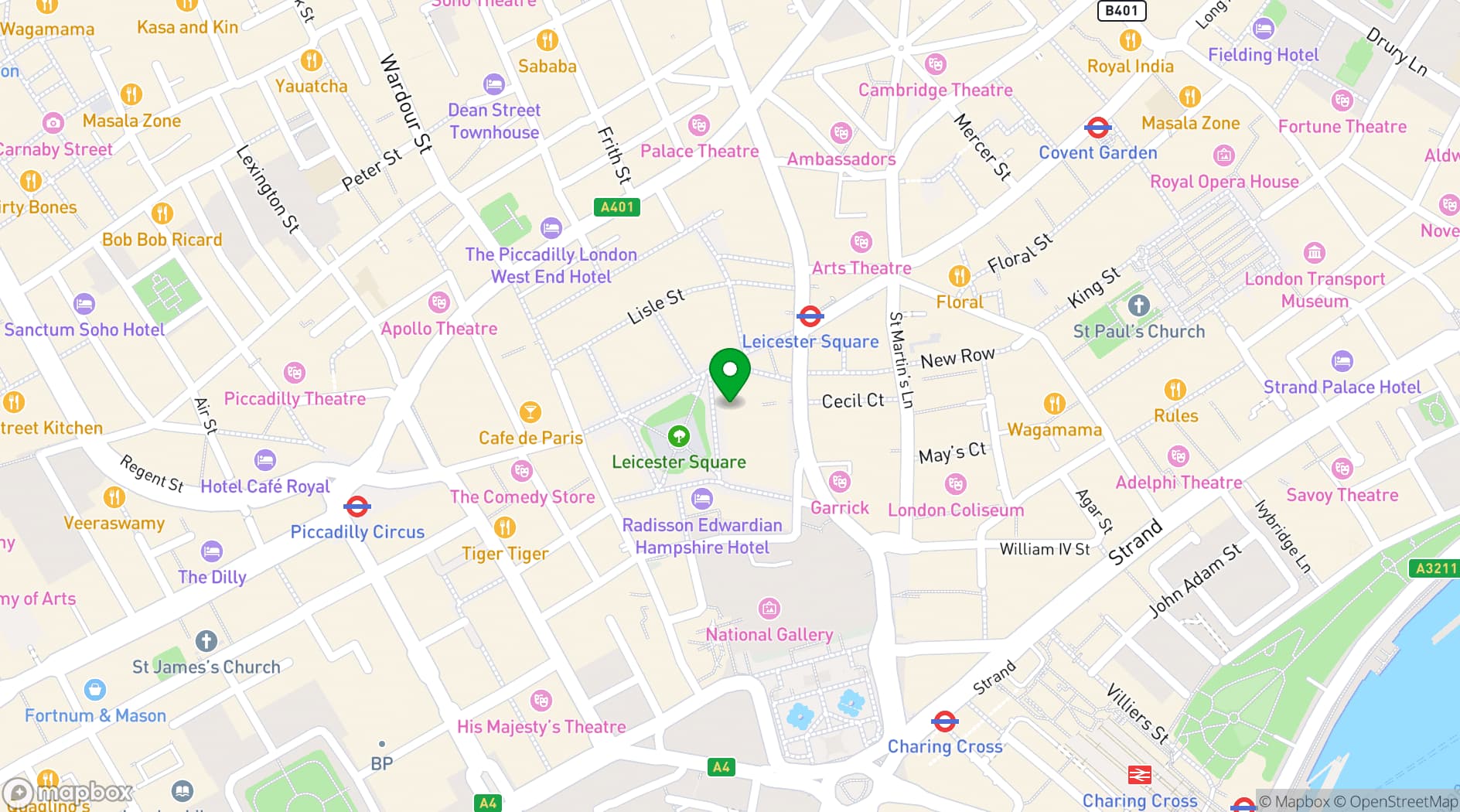 Map showing Bella Italia Leicester Square