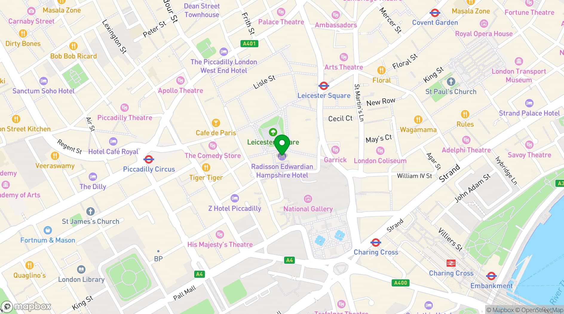 Map showing Radisson Blu Hotel, London Leicester Square