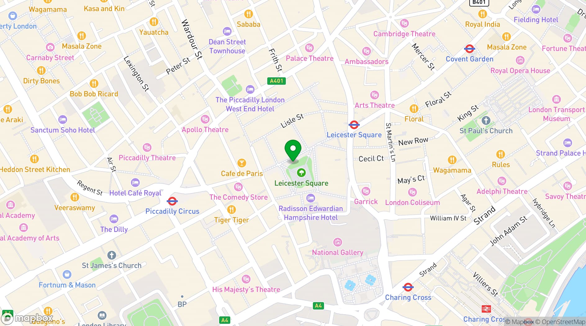 Map showing 1 Leicester Square Rooftop