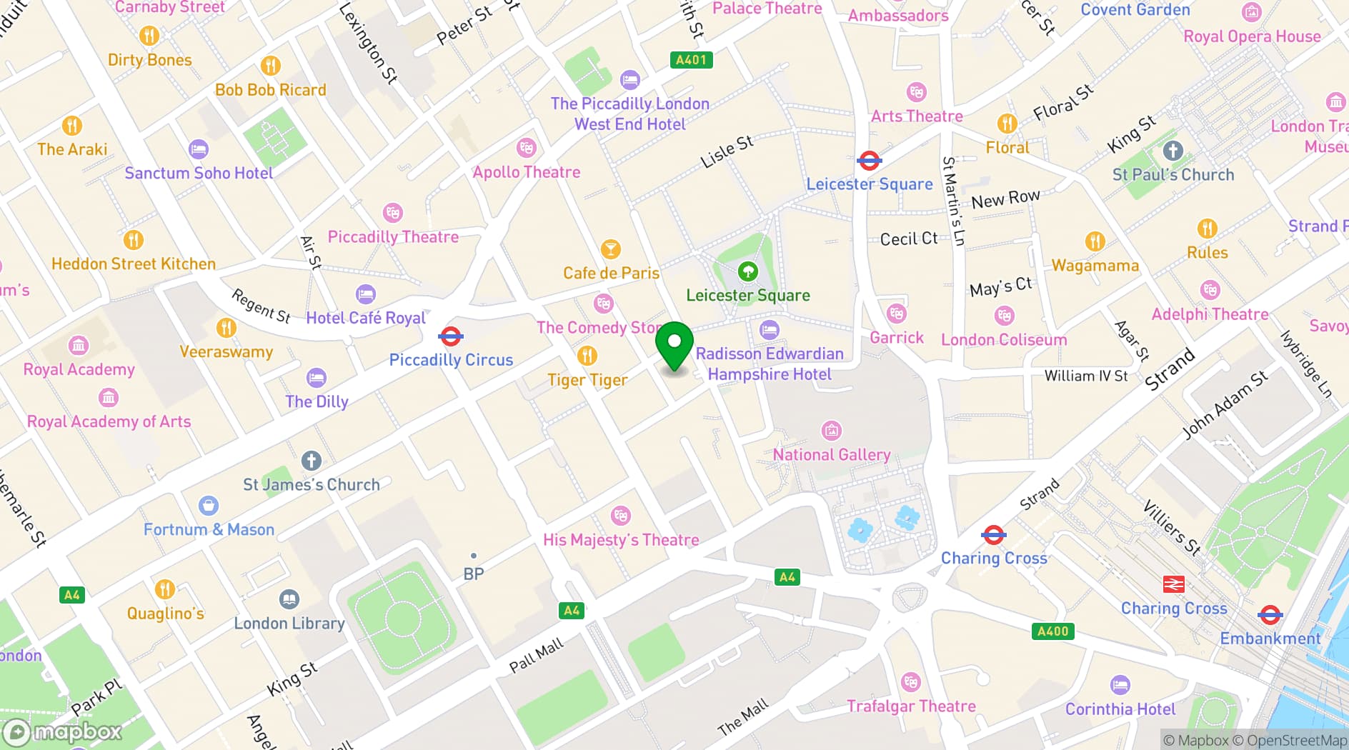 Map showing Pophub Leicester Square