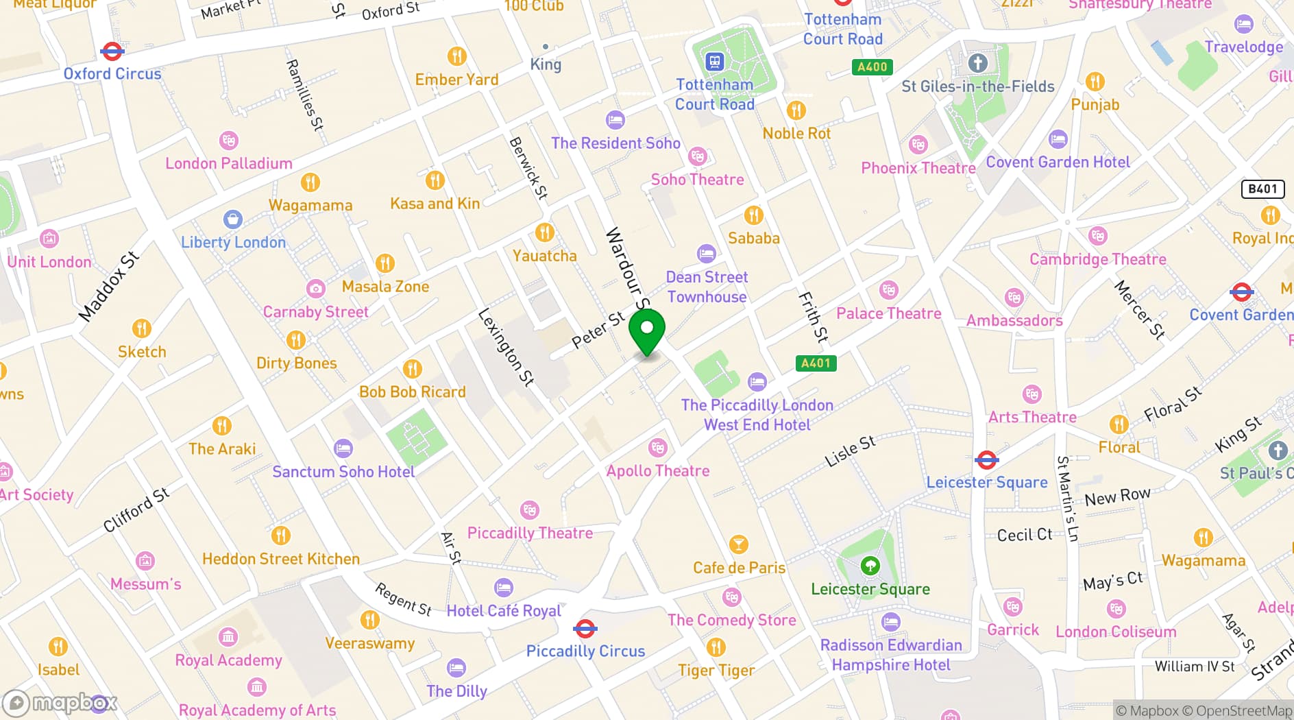 Map showing Soho Venue with Stage & Dressing Room