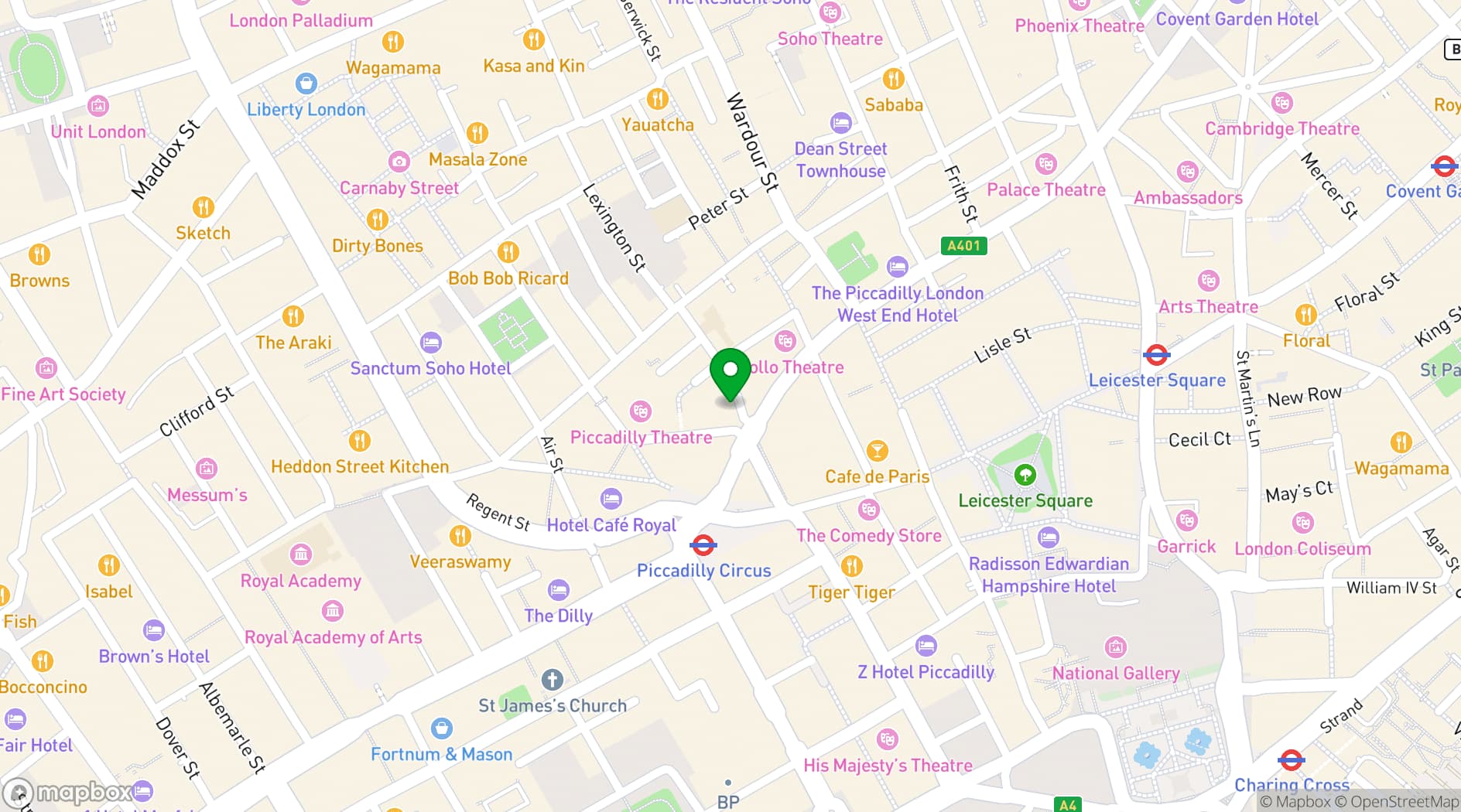 Map showing Jack Solomons Club & Sophie's Soho