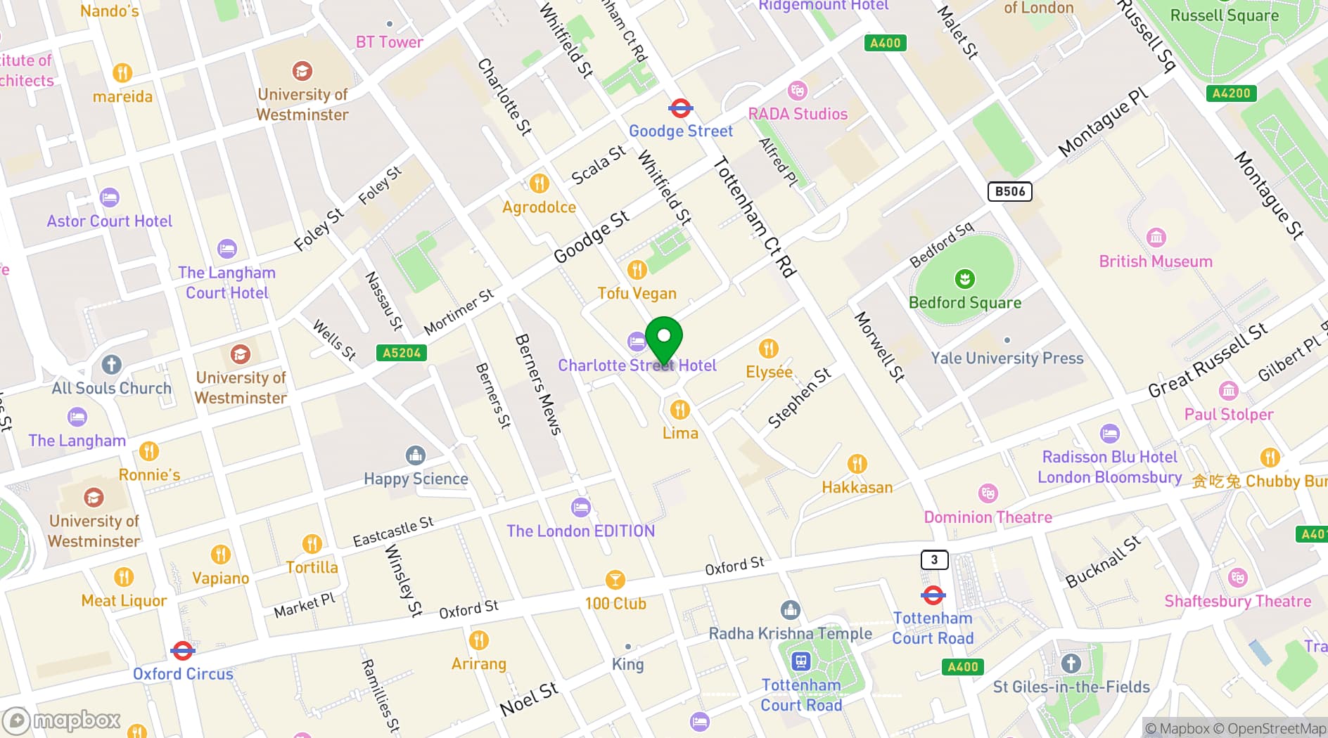 Map showing Mowgli Street Food Charlotte St