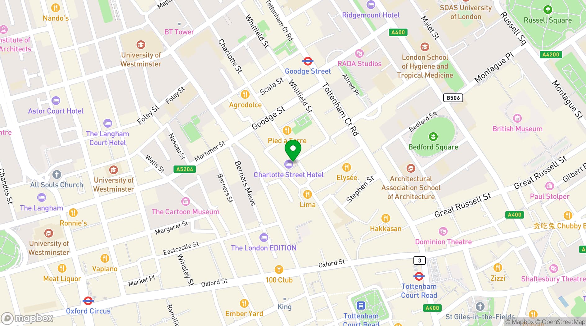 Map showing Charlotte Street Hotel