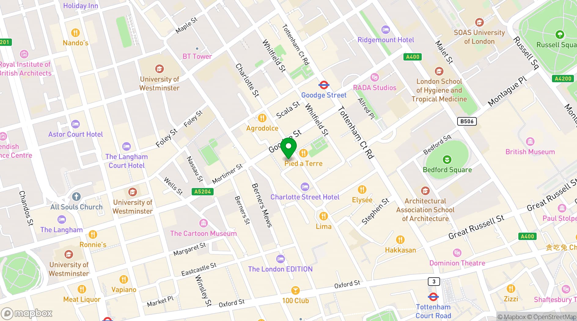 Map showing ROKA Charlotte Street