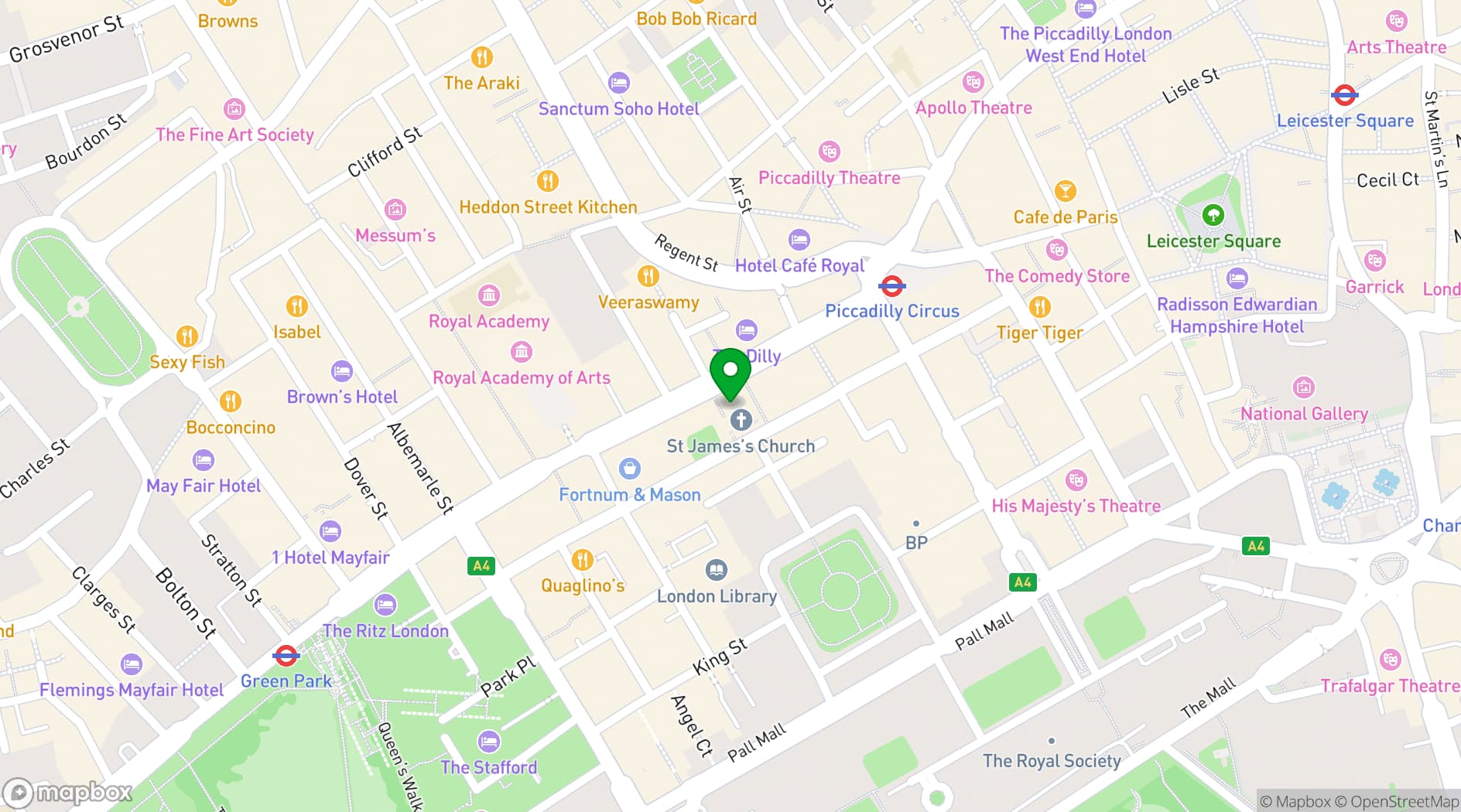 Map showing St James's Church Piccadilly