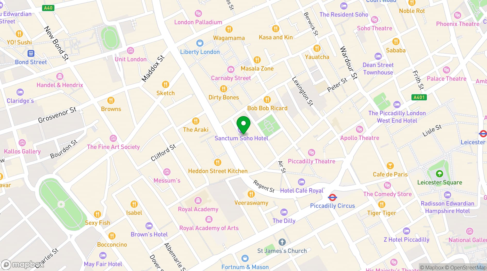 Map showing Karma Sanctum Soho Hotel Restaurant Bar