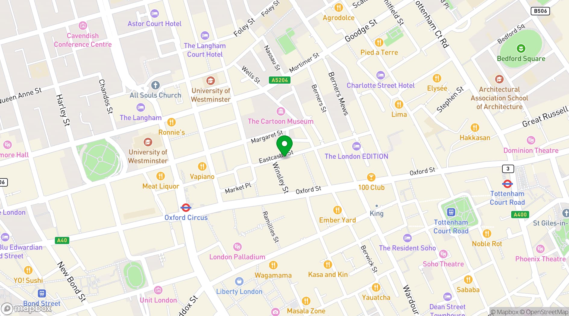Map showing Whistle Punks Urban Axe Throwing - Oxford Circus
