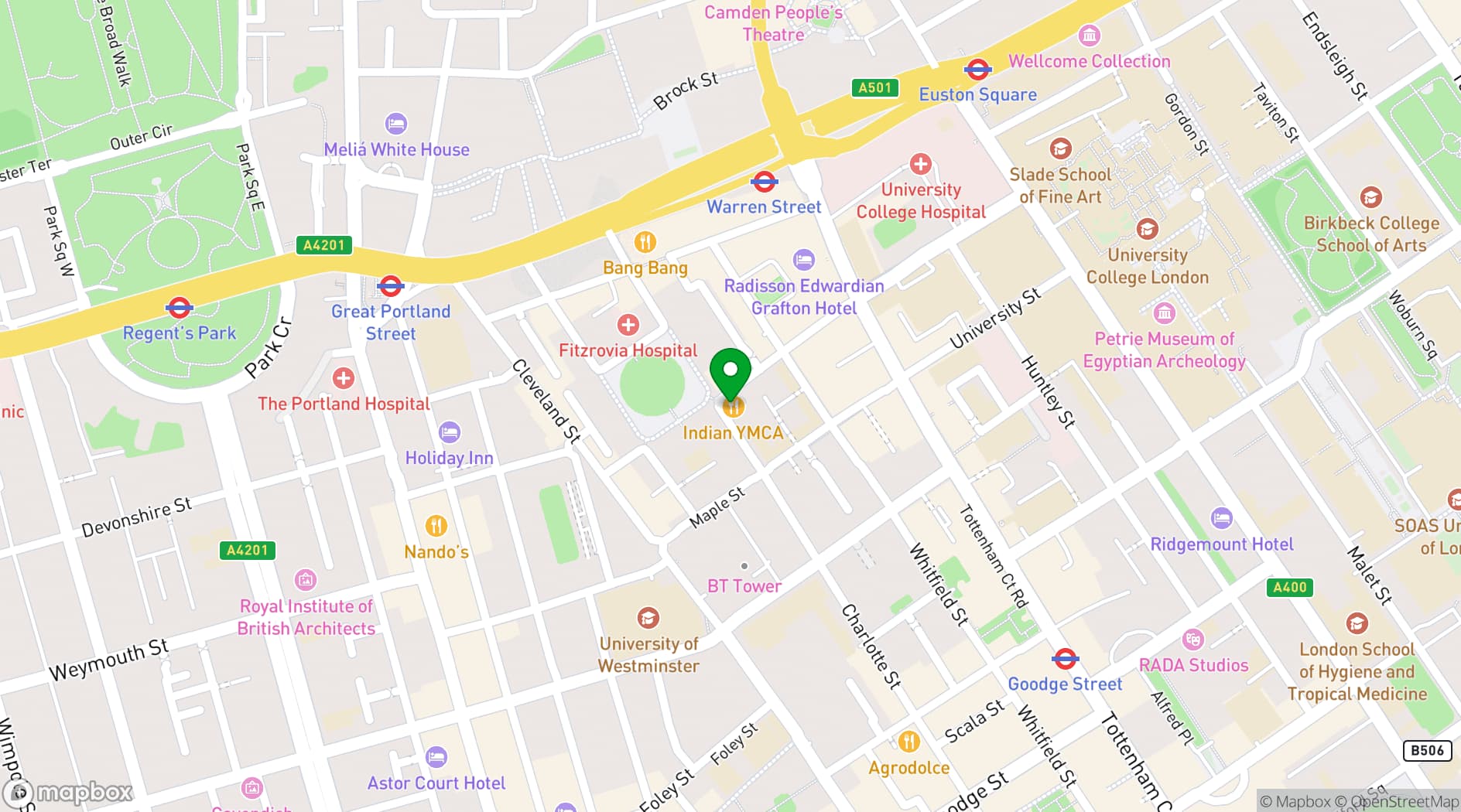 Map showing Indian YMCA Fitzroy Square London Venues