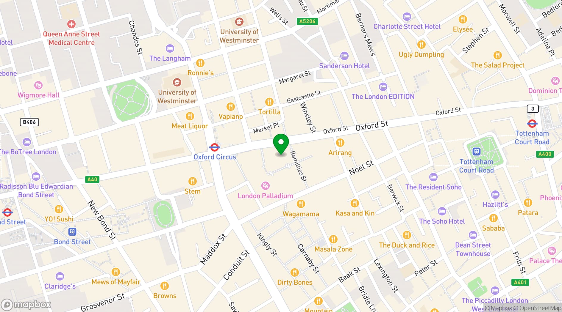 Map showing Spaces Oxford Circus