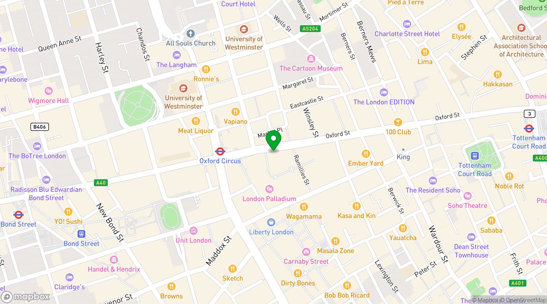 Map showing Huckletree Oxford Circus