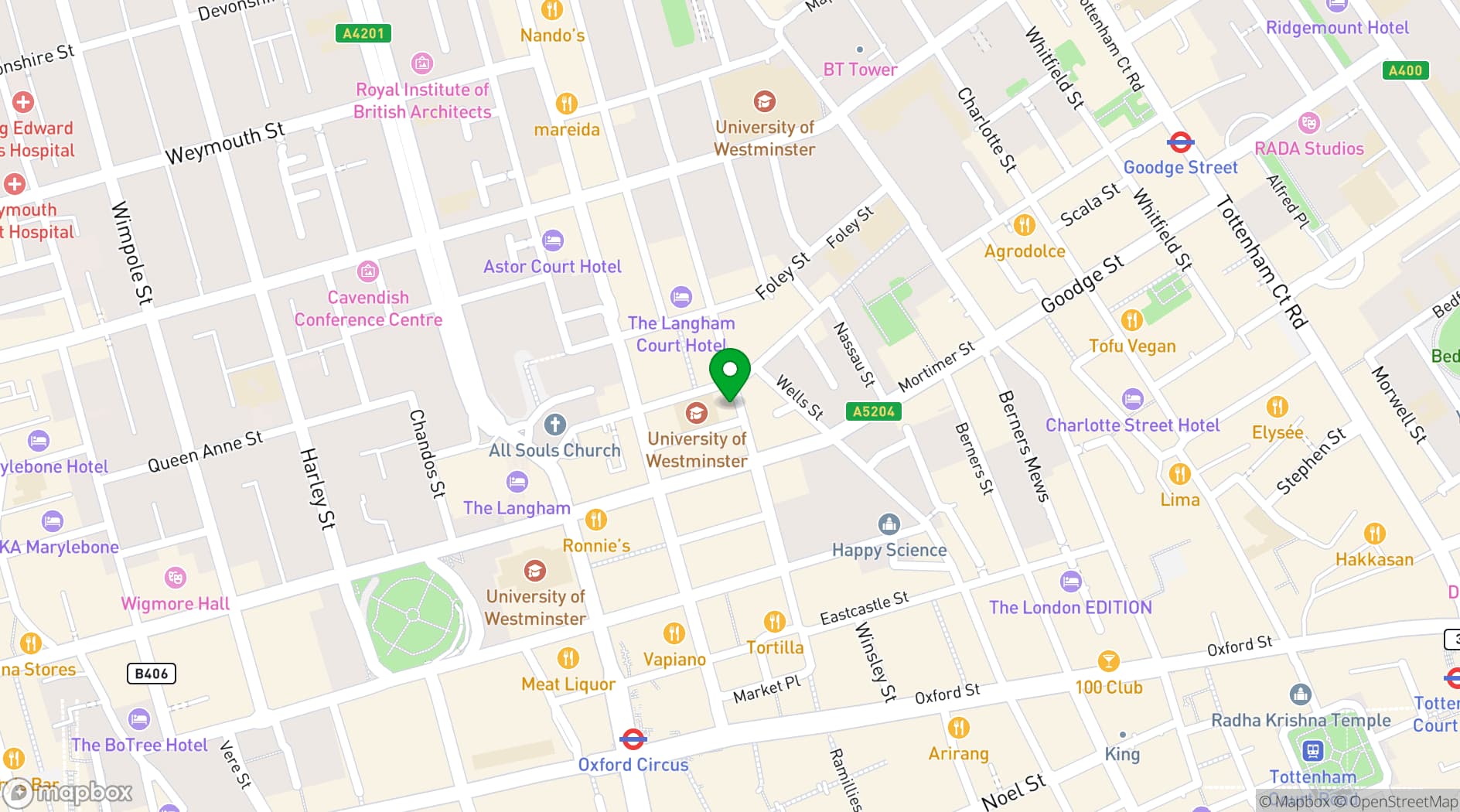 Map showing Riding House Fitzrovia