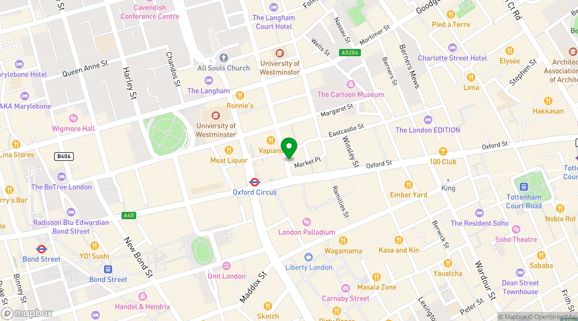 Map showing The Cocktail Club Oxford Circus