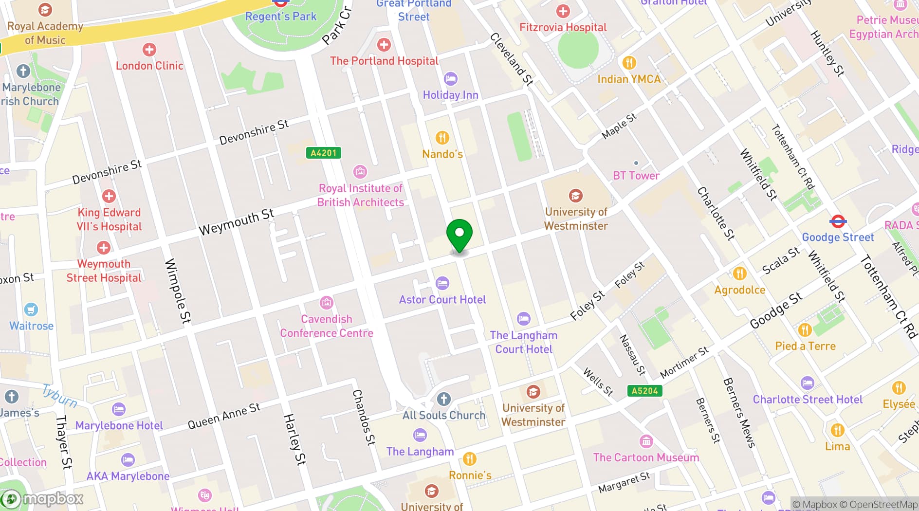Map showing Java Whiskers Cat Cafe Marylebone