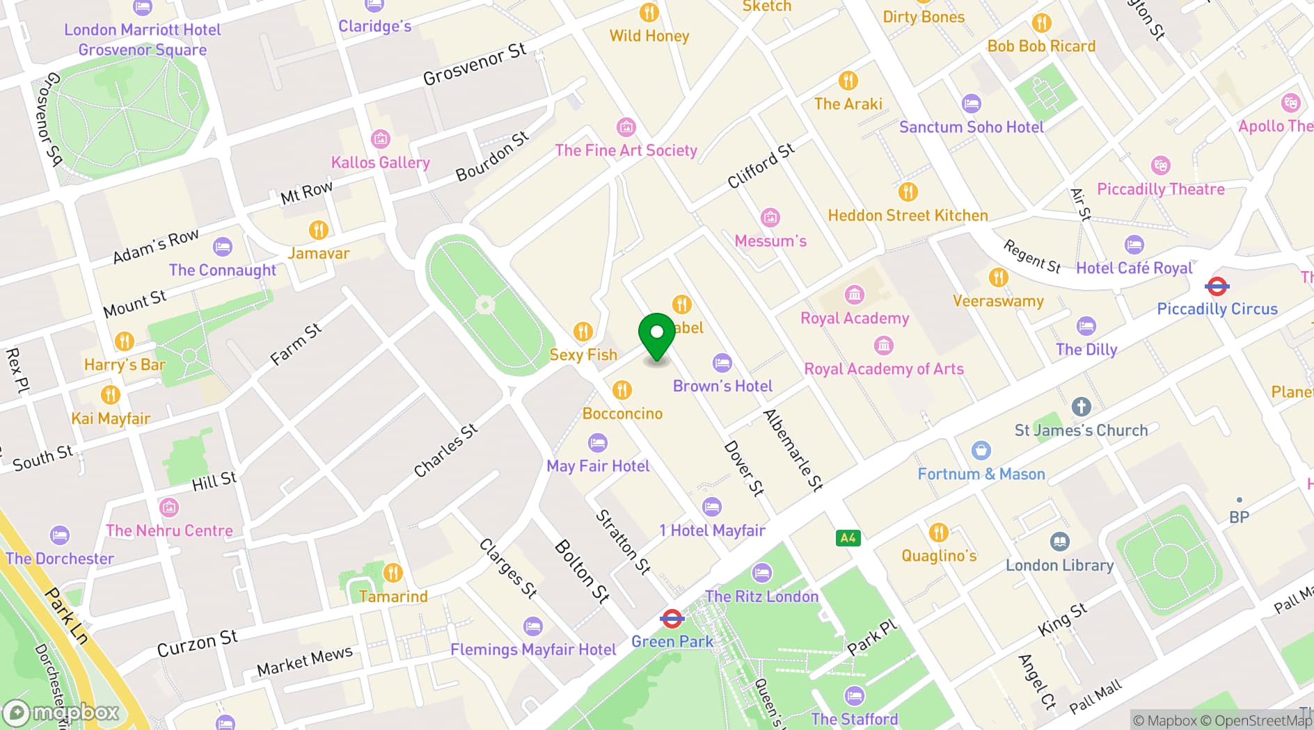 Map showing Aubaine Mayfair 