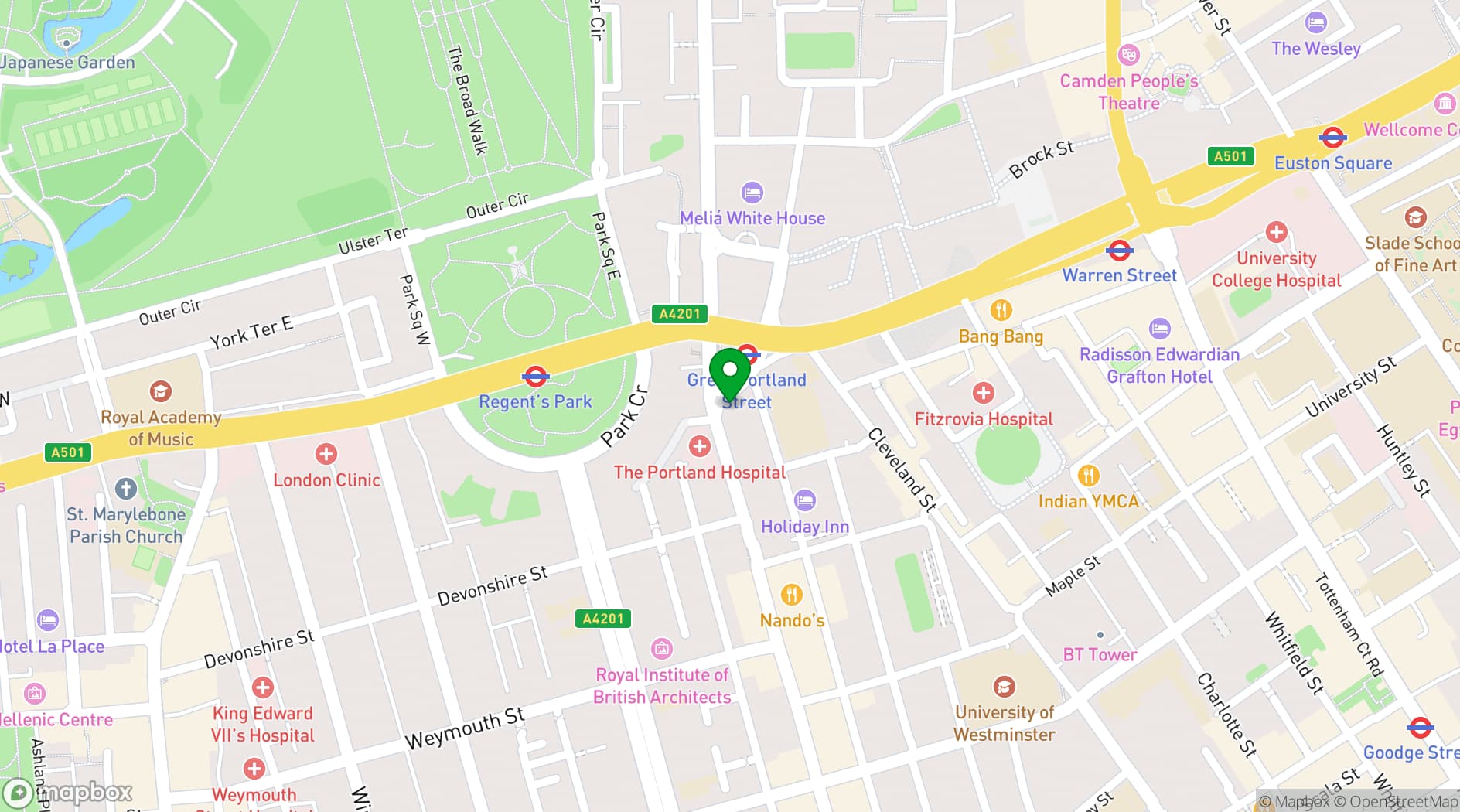 Map showing The Albany W1W