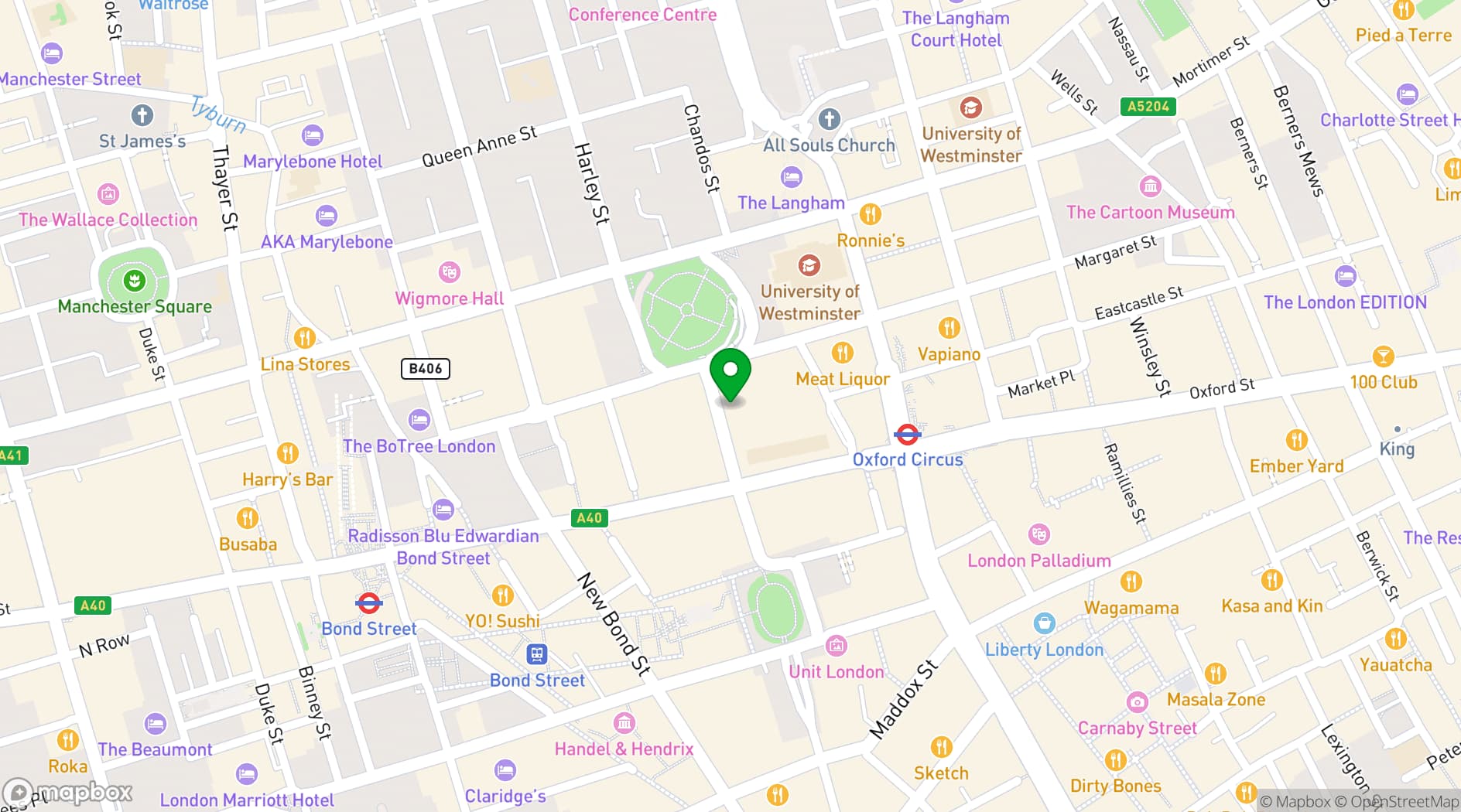 Map showing Market Halls Oxford Street