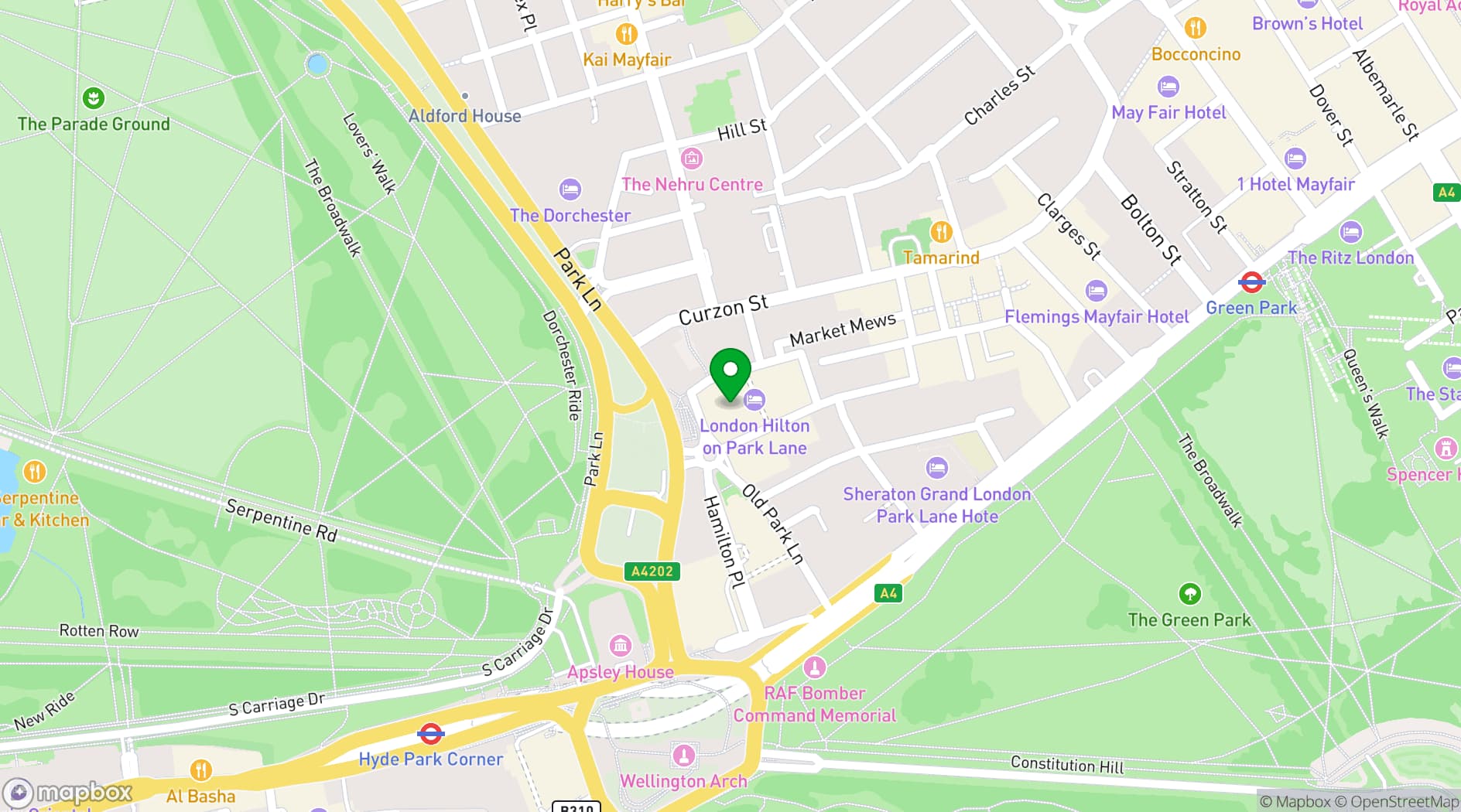 Map showing London Hilton on Park Lane