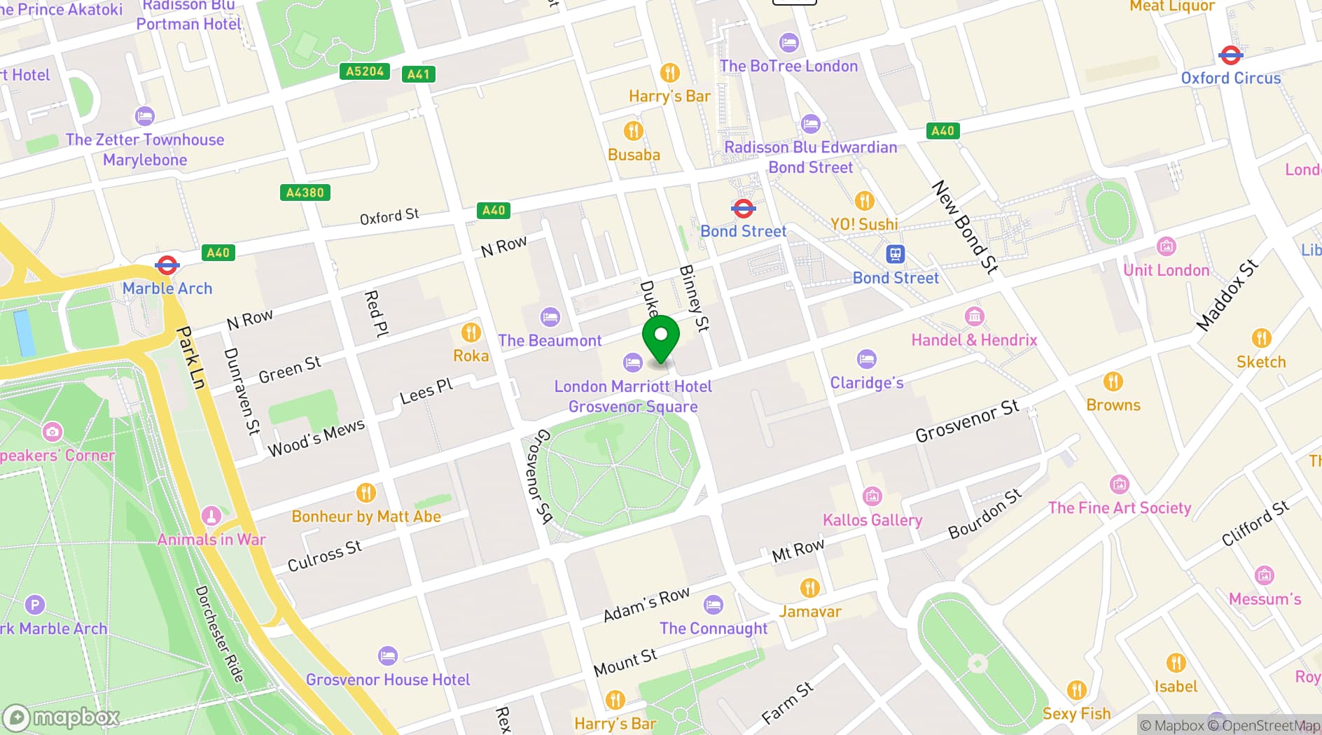 Map showing London Marriott Hotel Grosvenor Square