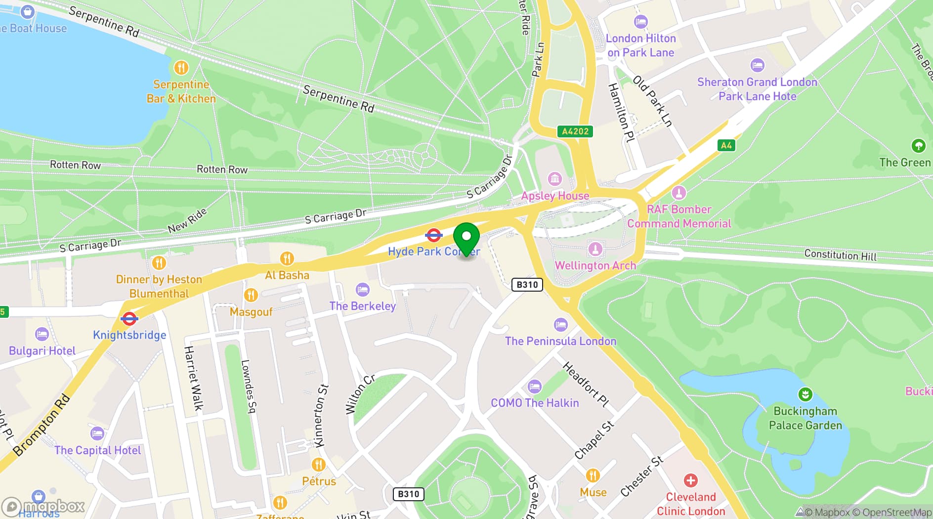Map showing The Wellesley Knightsbridge, a Luxury Collection Hotel, London