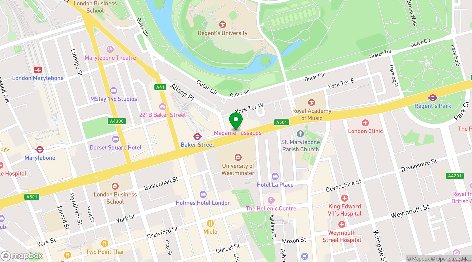Map showing Madame Tussauds 