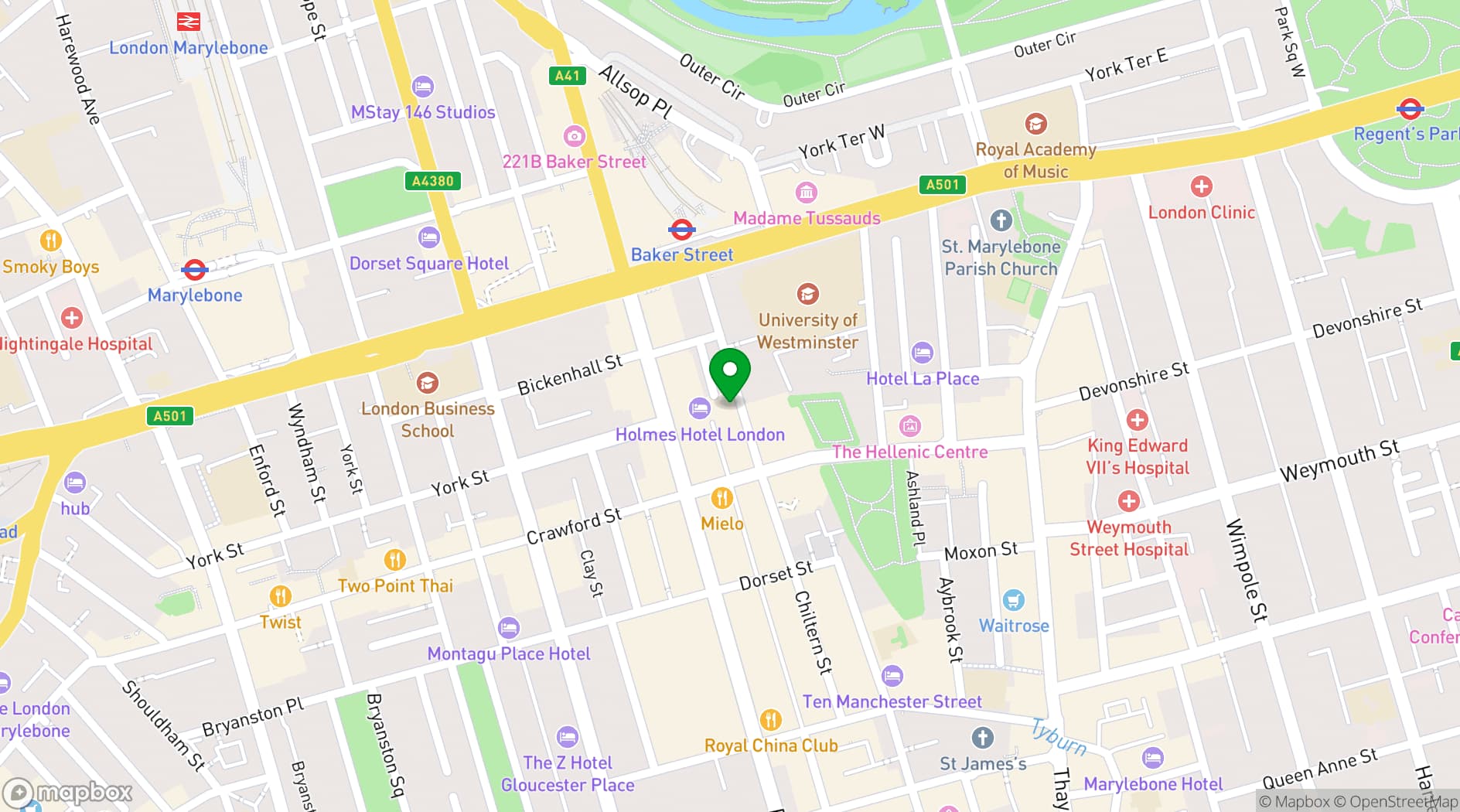 Map showing Holmes Hotel London