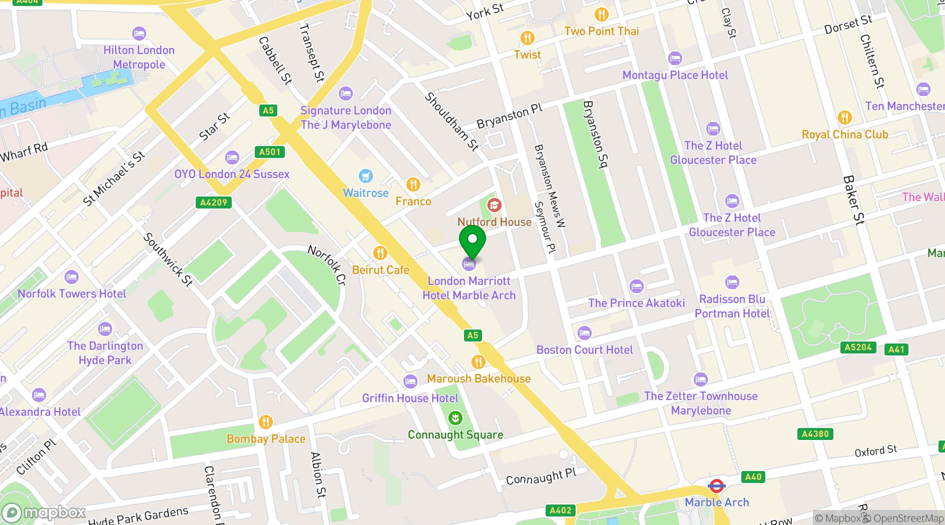 Map showing London Marriott Hotel Marble Arch