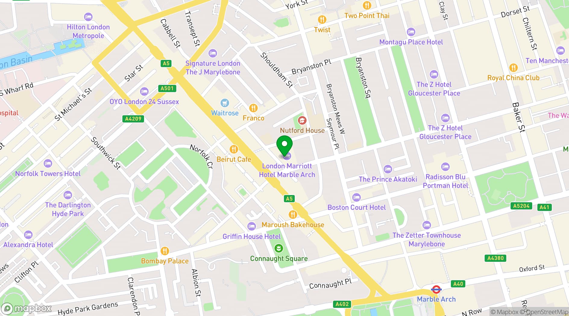 Map showing London Marriott Hotel Marble Arch