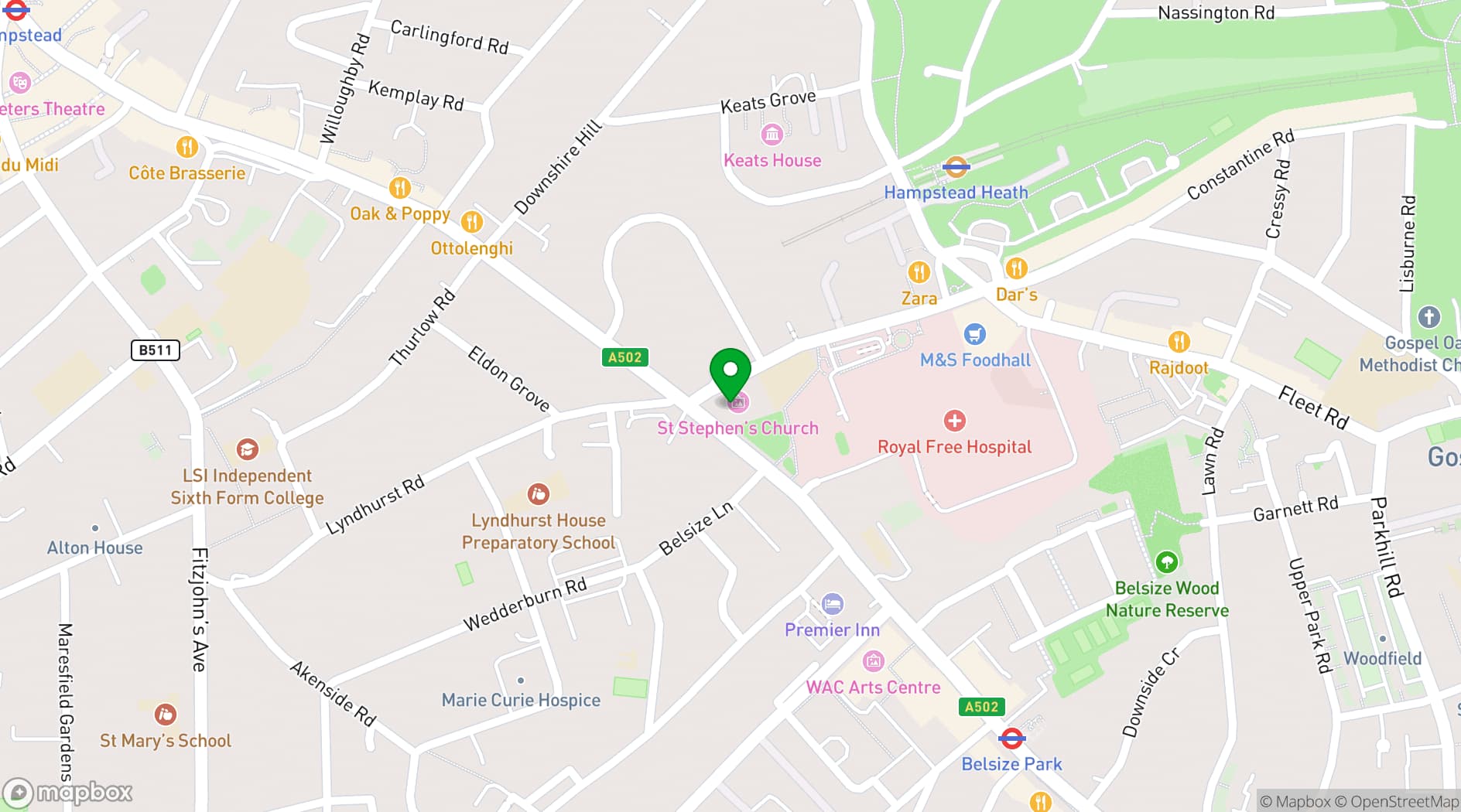 Map showing St Stephen's Hall Hampstead