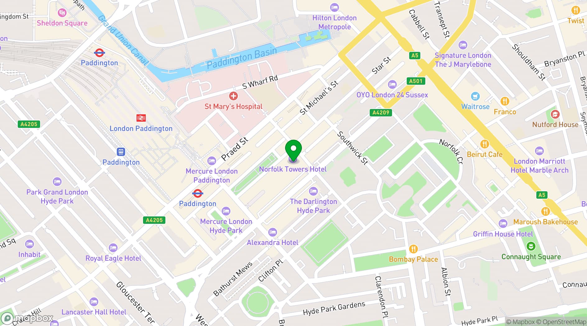 Map showing Norfolk Towers Paddington 