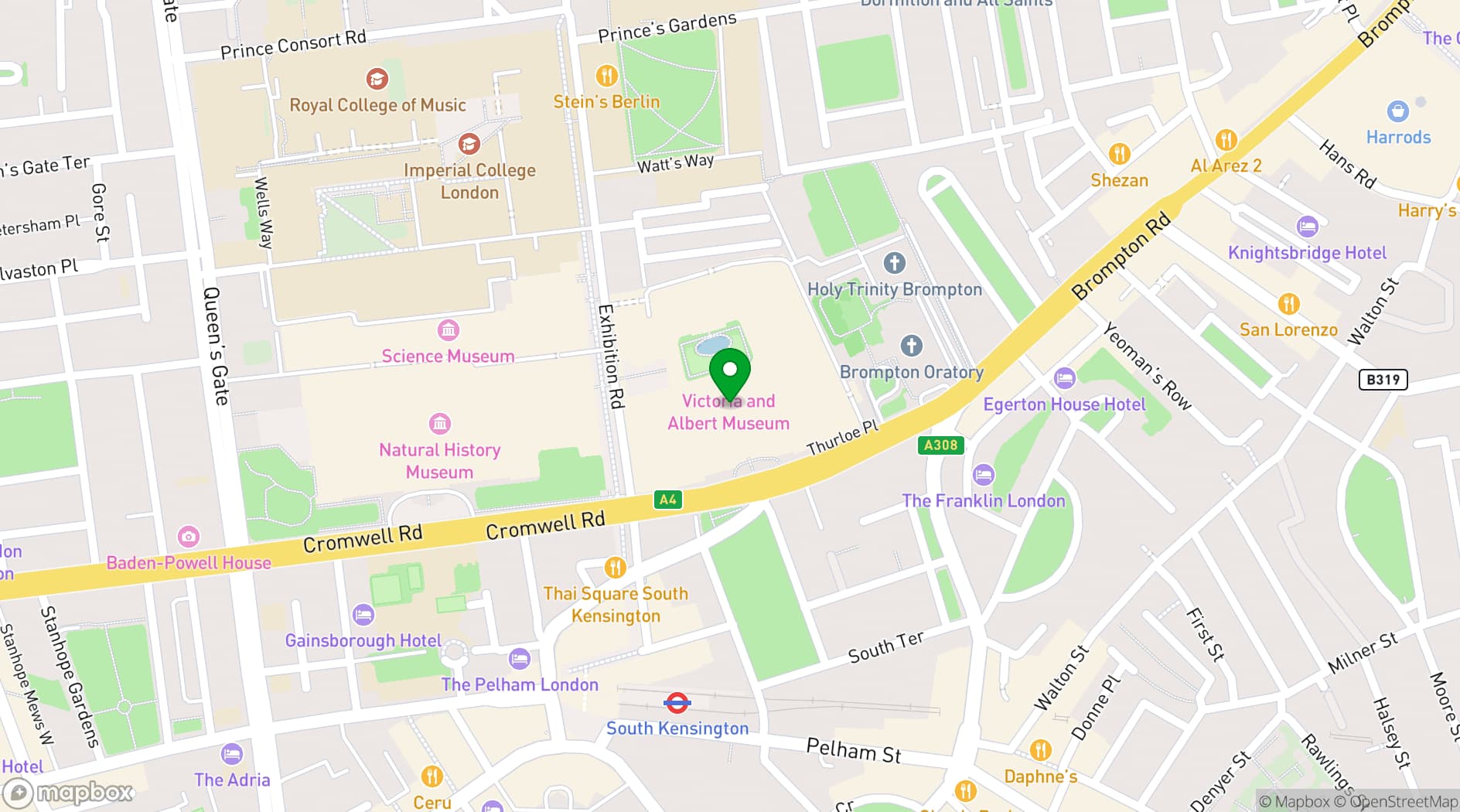 Map showing Victoria and Albert Museum