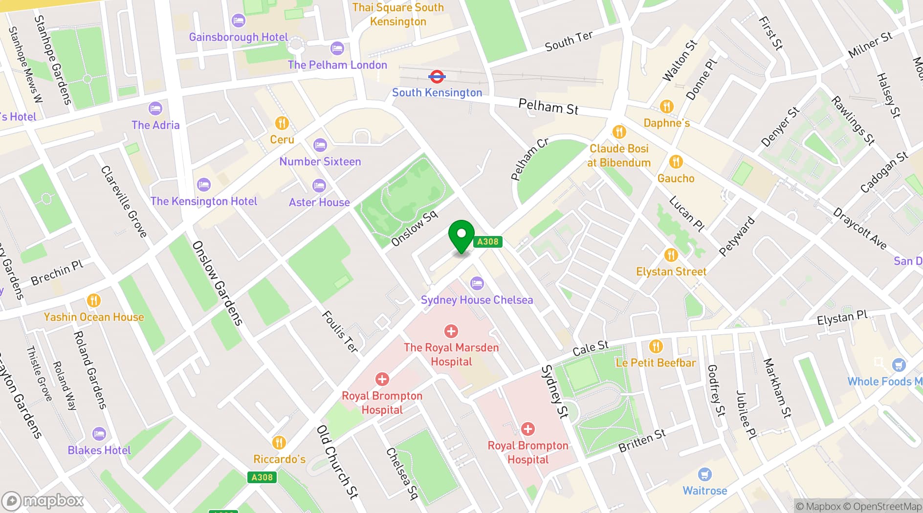 Map showing PJ's Chelsea Brasserie
