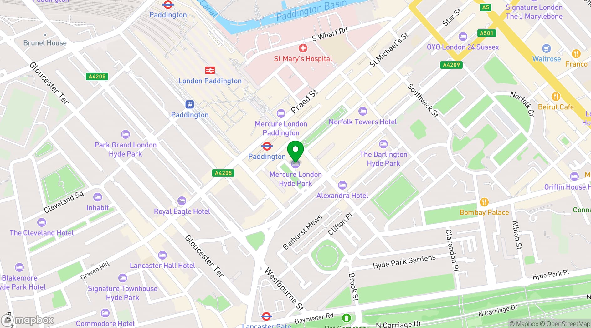 Map showing Mercure London Hyde Park Hotel