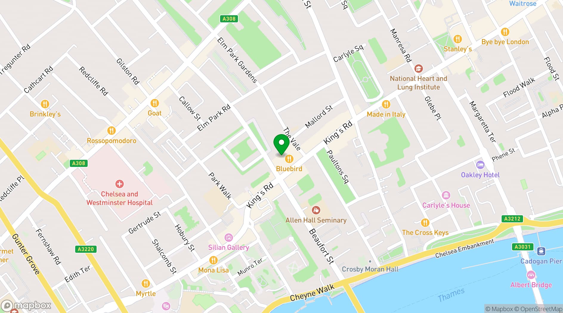Map showing Bluebird Chelsea