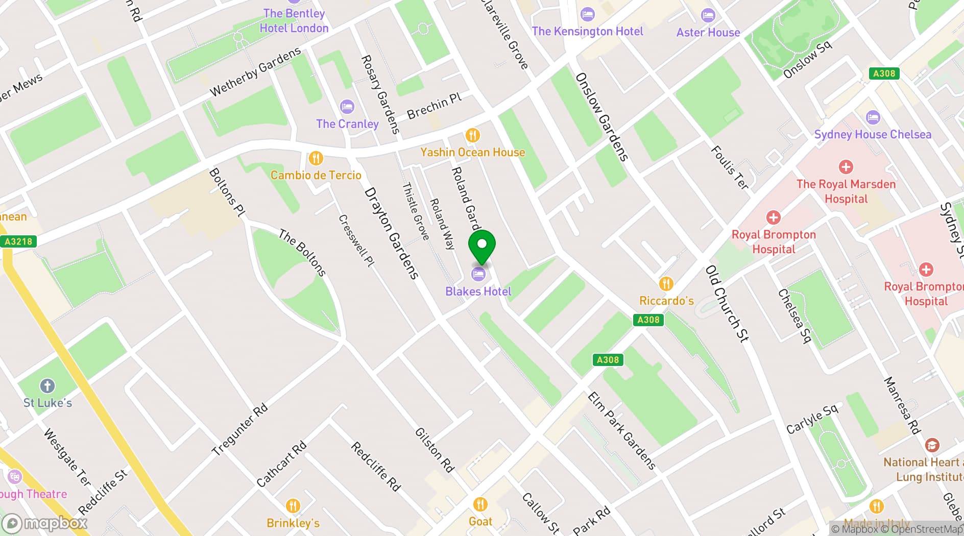Map showing Blakes Hotel London