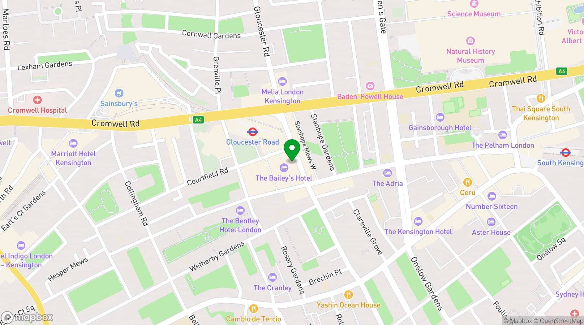 Map showing The Bailey's Hotel London Kensington