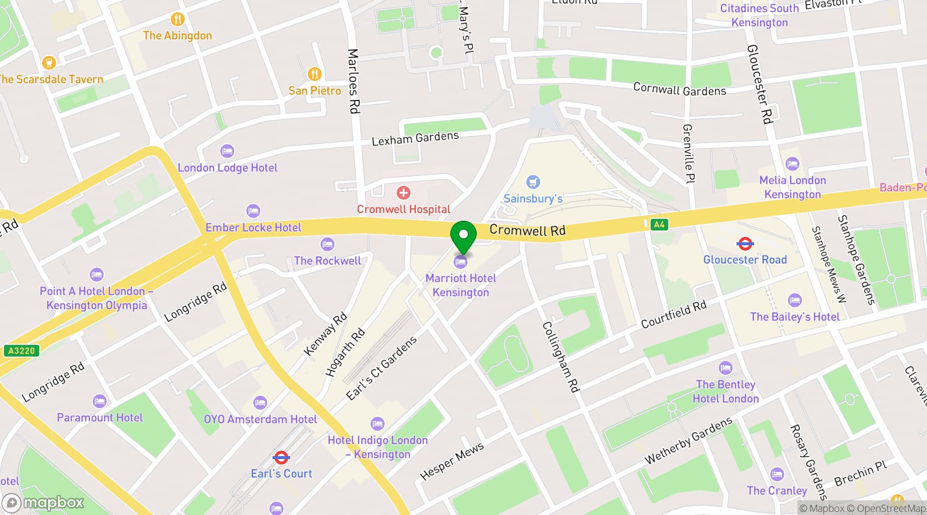 Map showing London Marriott Hotel Kensington