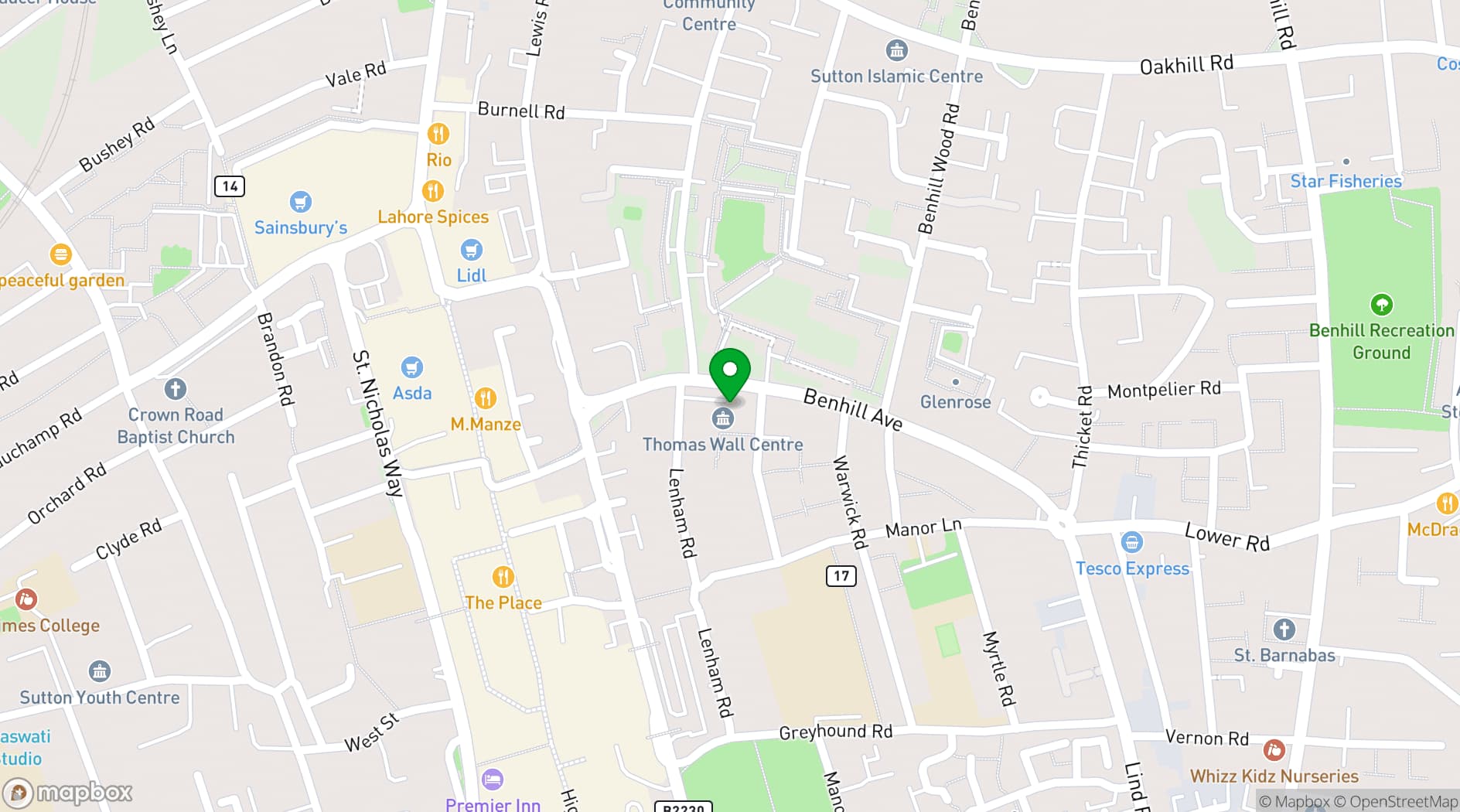 Map showing Queens Hall Sutton