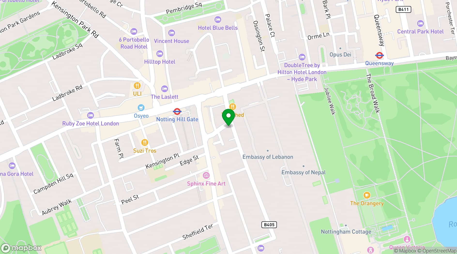 Map showing The Mall Tavern, Notting Hill