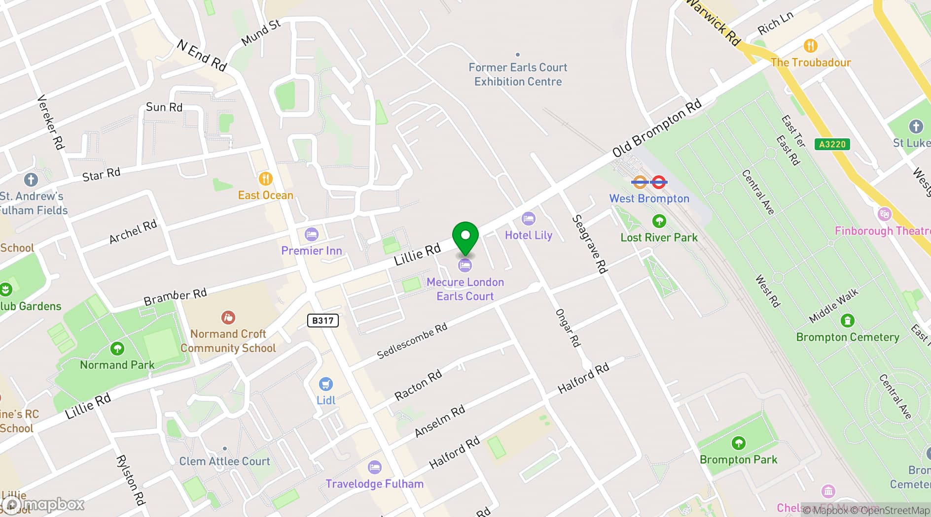 Map showing Mercure London Earls Court Hotel