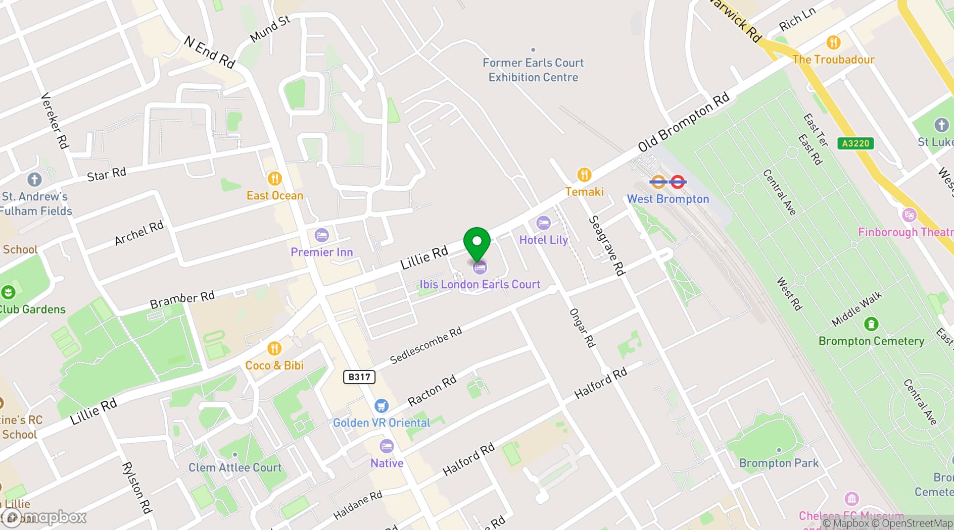 Map showing Mercure London Earls Court Hotel 