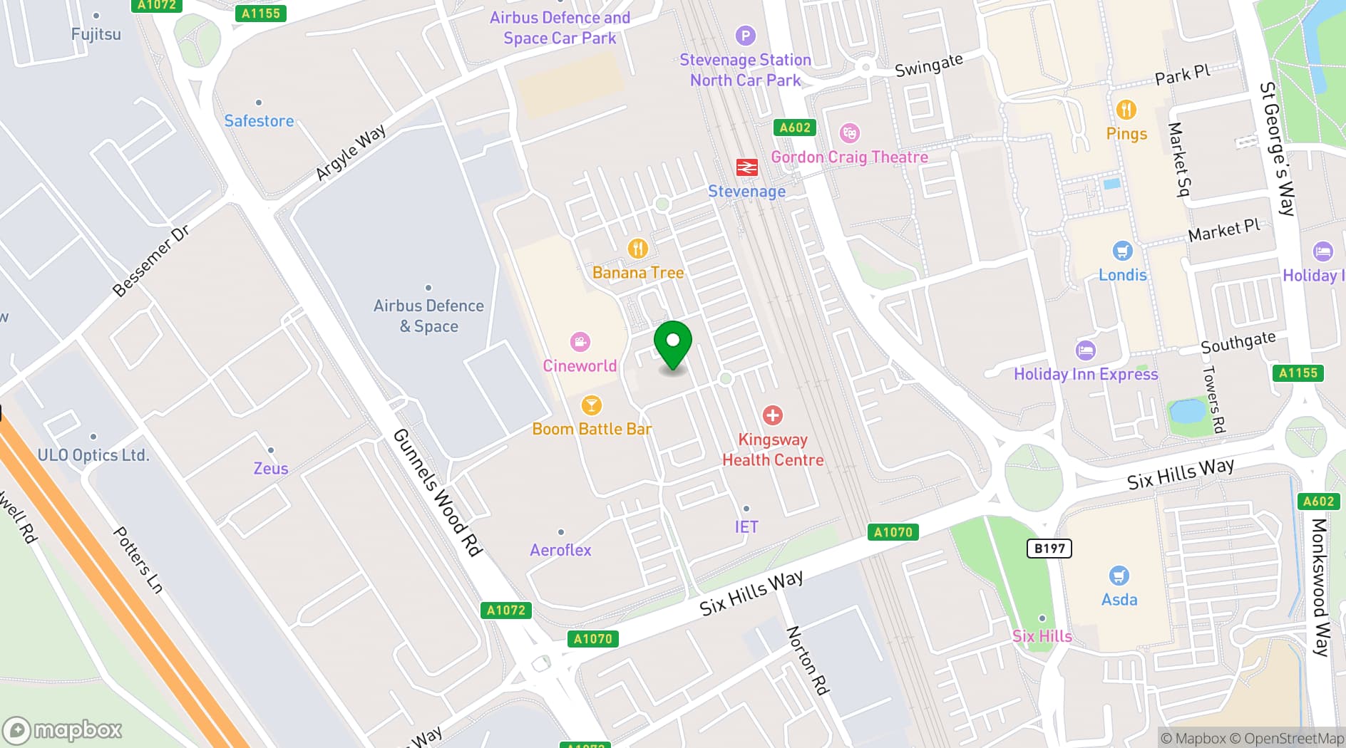 Map showing Boom Battle Bar Stevenage